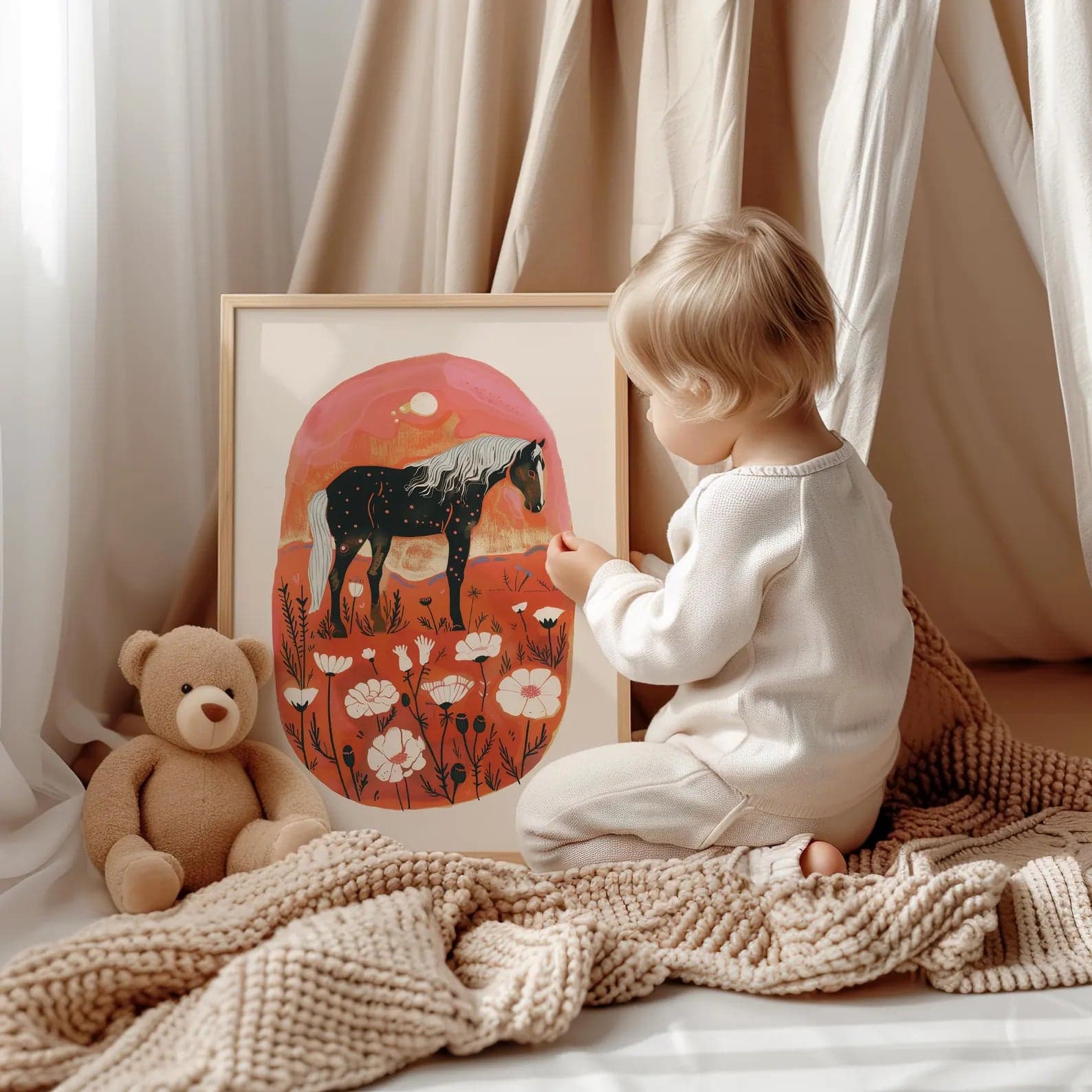 İskandinav Tarzı Çiçekli At Tablo - 5