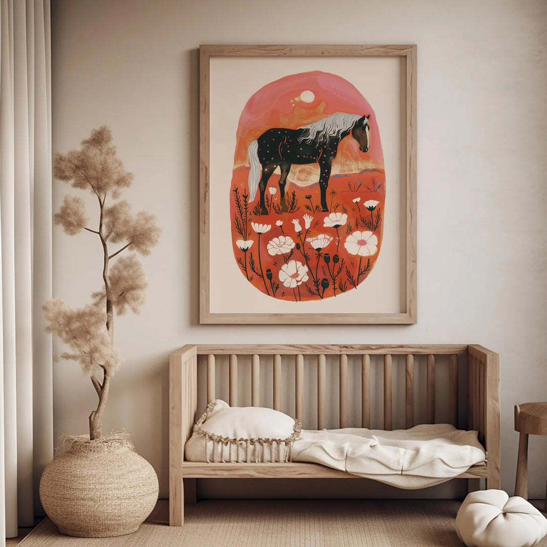 Bohemian Horse Art Print, Scandinavian and Southwestern Floral Decor, Modern Farmhouse Wall Art, Downloadable Vintage Style Illustration