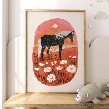 Bohemian Horse Art Print, Scandinavian and Southwestern Floral Decor, Modern Farmhouse Wall Art, Downloadable Vintage Style Illustration